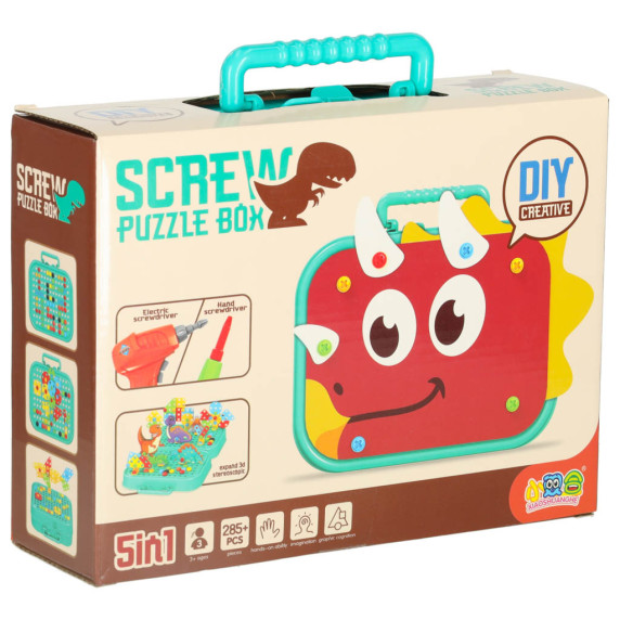 Konštrukčná kreatívna sada so skrutkovačom 285 prvkov SCREW PUZZLE BOX Dinosaur - zelená