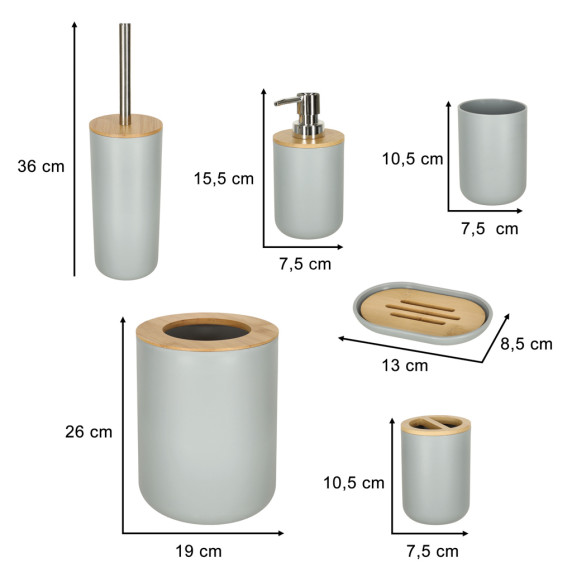 Fürdőszobai kiegészítő készlet 6 darabos - szürke/fa