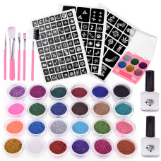 Csillám tetováló készlet 24 színű Inlea4Fun GLITTER TATTOS KIT + Sablonok  - 