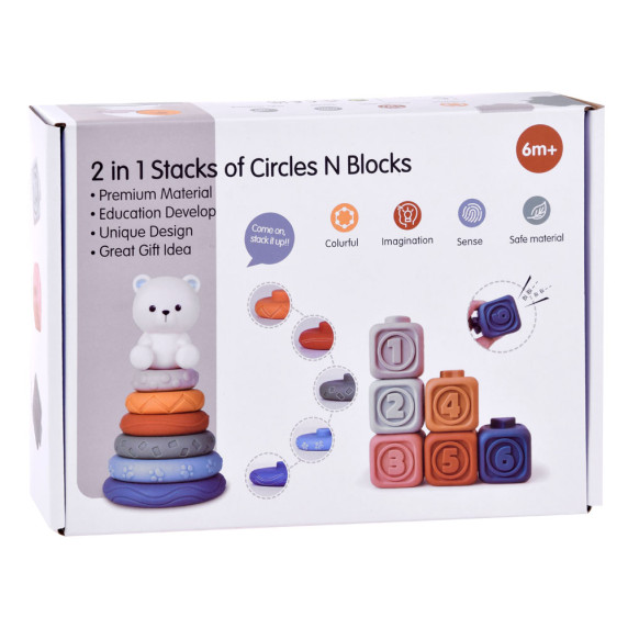 Építőkészlet gyűrűpiramis  Inlea4Fun CIRCLES N BLOCKS - Medve