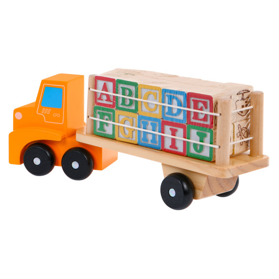 Fa teherautó nyerges pótkocsival és kockákkal Inlea4Fun ALPHABET BLOCKS TRUCK