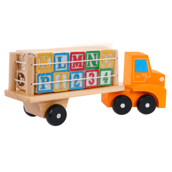 Fa teherautó nyerges pótkocsival és kockákkal Inlea4Fun ALPHABET BLOCKS TRUCK