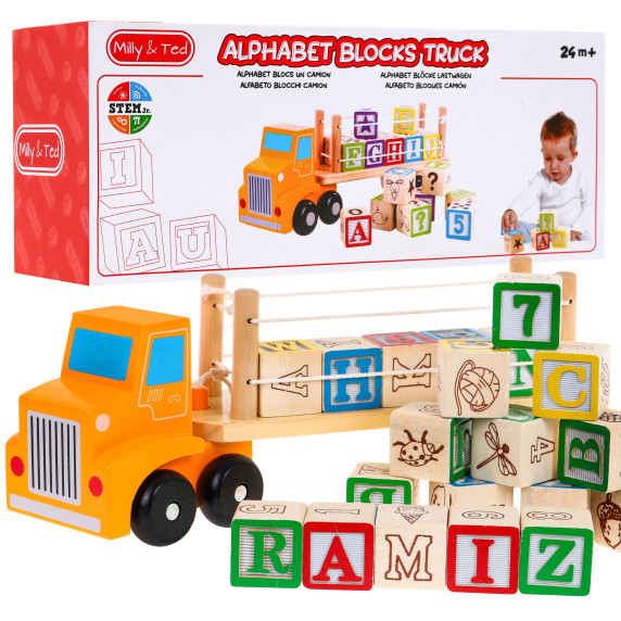 Fa teherautó nyerges pótkocsival és kockákkal Inlea4Fun ALPHABET BLOCKS TRUCK