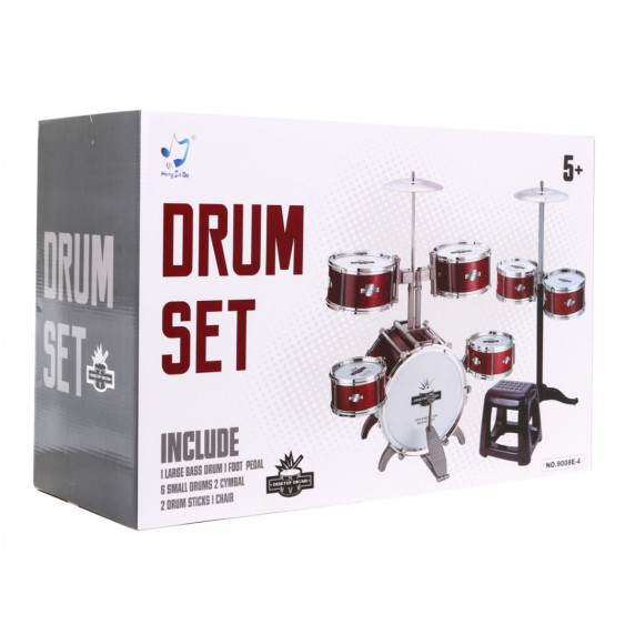 Játék dobfelszerelés ülőkével Inlea4Fun DRUM SET - Piros