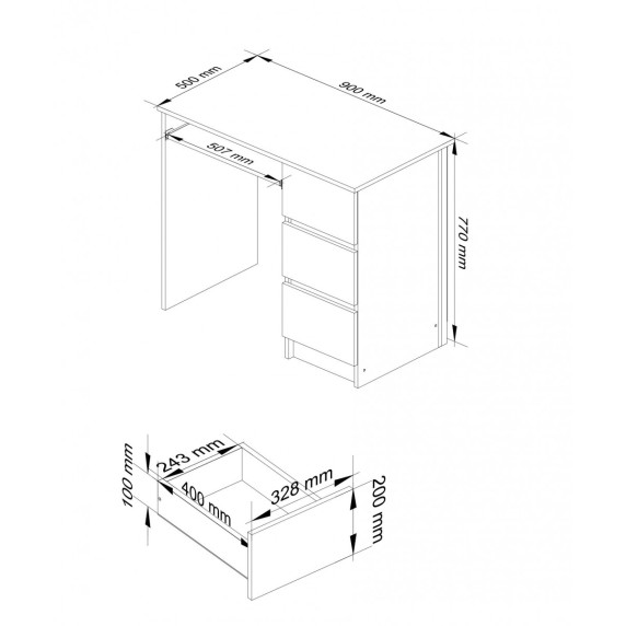 Íróasztal fiókokkal és kihúzható billentyűzet tartóval jobbos 90x77x50 cm  Inlea4Home A-6 CLP PRAWE - fehér