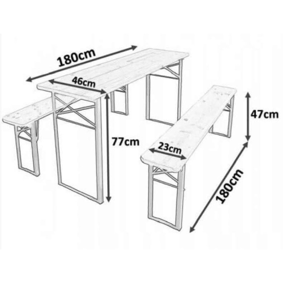 InGarden Skladací turistický stôl 180 x 46 x 77 cm + 2 lavice 180 x 23 x 47 cm