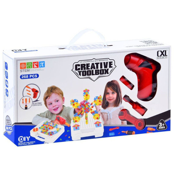 Csavarozós mozaik játékkészlet Inlea4Fun CREATIVE TOOLBOX - 268 darabos